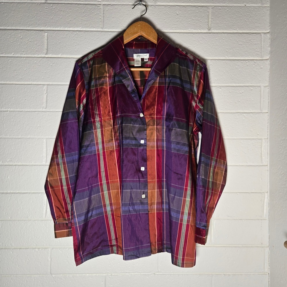 Coldwater Creek 100% Silk XL Plaid Jewel Tone Iridescent Shirt Maximalist